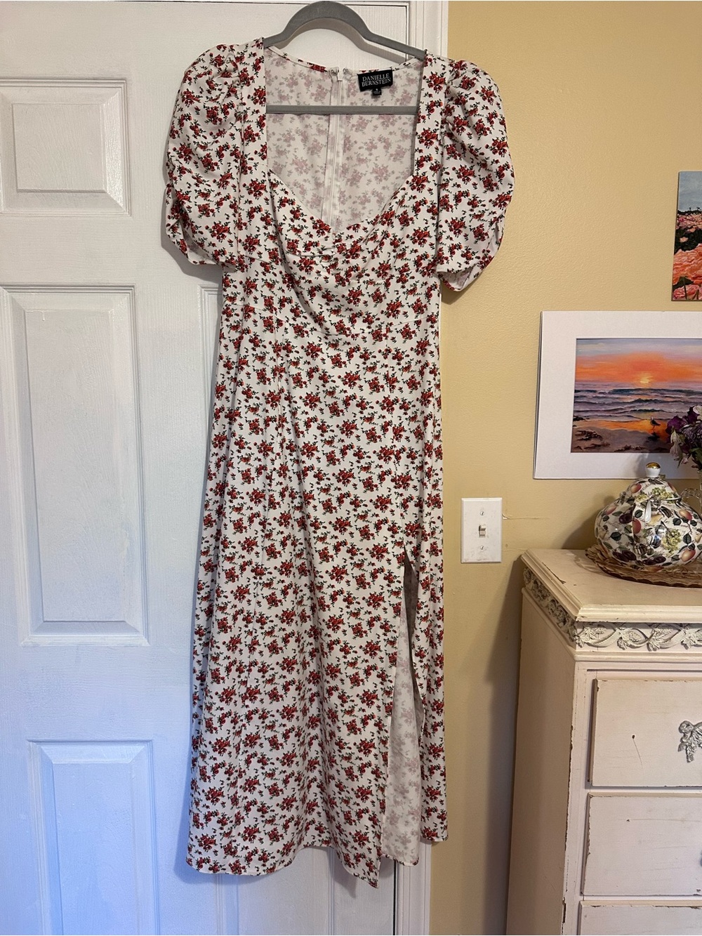 Danielle Bernstein Cream Midi Dress with Red Floral Print